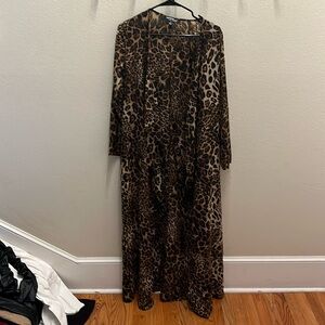 Long dresses with a cat suit and a leopard print long floor jacket